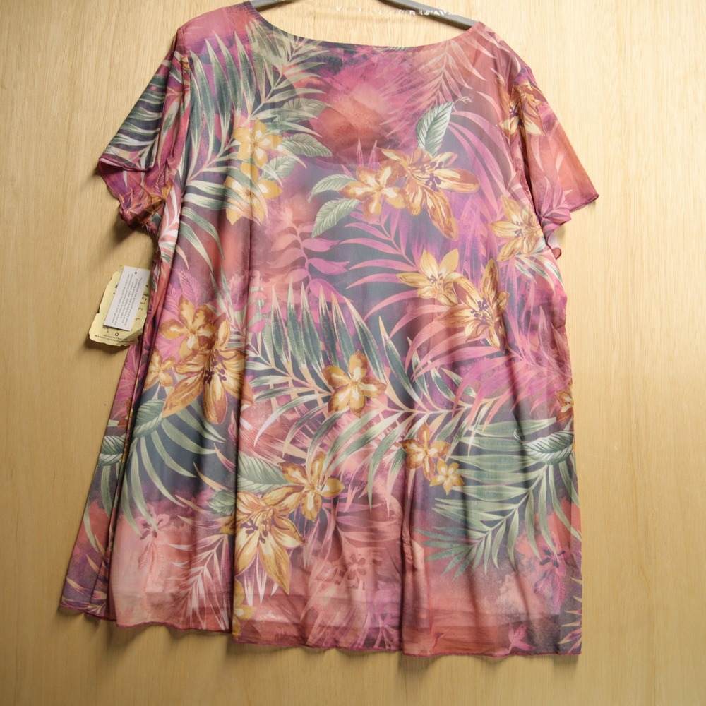 One World Live and Let Live Tropical Floral Mesh Tunic Top Pink Purple 3X NEW - Picture 3 of 8